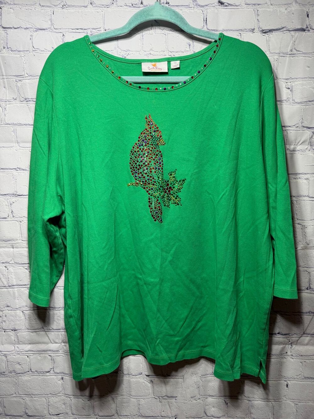 Quacker Factory Womens 3/4 Sleeve Cardinal Scoop Neck Top Sz 3X Green